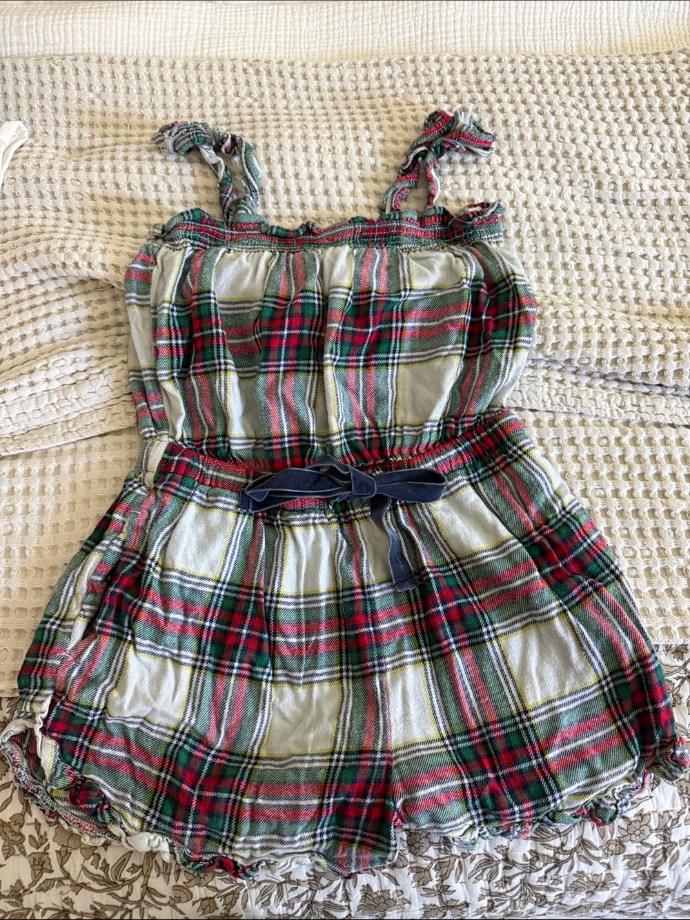 aerie Plaid Romper in Green, Red & Navy